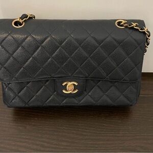 CHANEL Black Caviar Quilted Shoulder Bag with Gold Accents